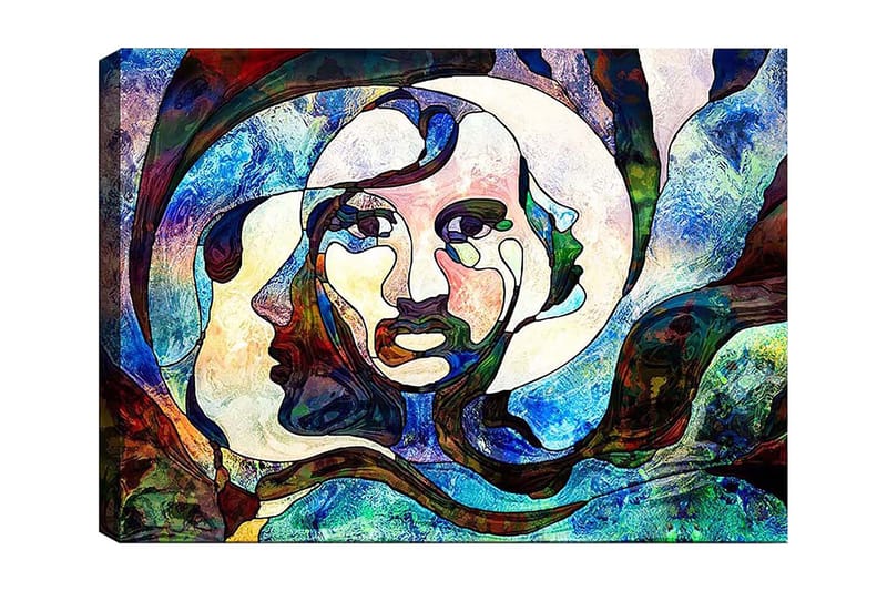 Lerretsbilde 70x100 cm - Abstrakt portrett av en kvinne med flytende linjer og farger, Blå / Grønn / Rød