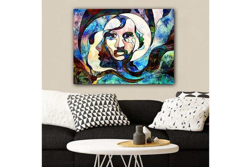 Lerretsbilde 70x100 cm - Abstrakt portrett av en kvinne med flytende linjer og farger - Blå / Grønn / Rød - Innredning - Bilder & kunst - Lerretsbilder