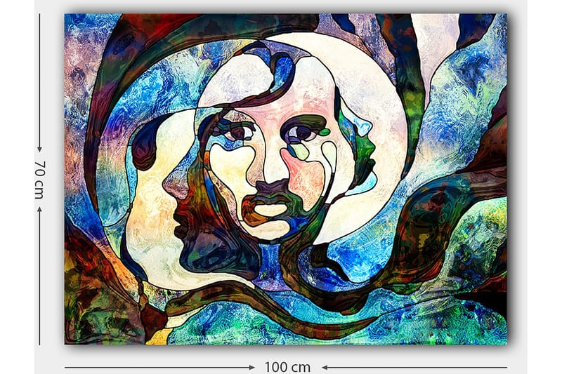 Lerretsbilde 70x100 cm - Abstrakt portrett av en kvinne med flytende linjer og farger - Blå / Grønn / Rød - Innredning - Bilder & kunst - Lerretsbilder