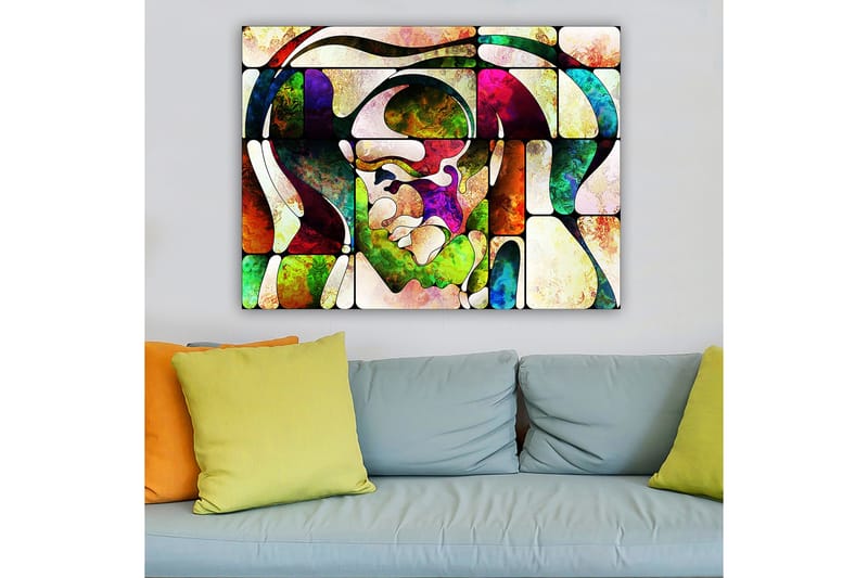 Lerretsbilde 70x100 cm - Abstrakt portrett med fargerike former og linjer - Grønn / Rød / Lilla - Innredning - Bilder & kunst - Lerretsbilder