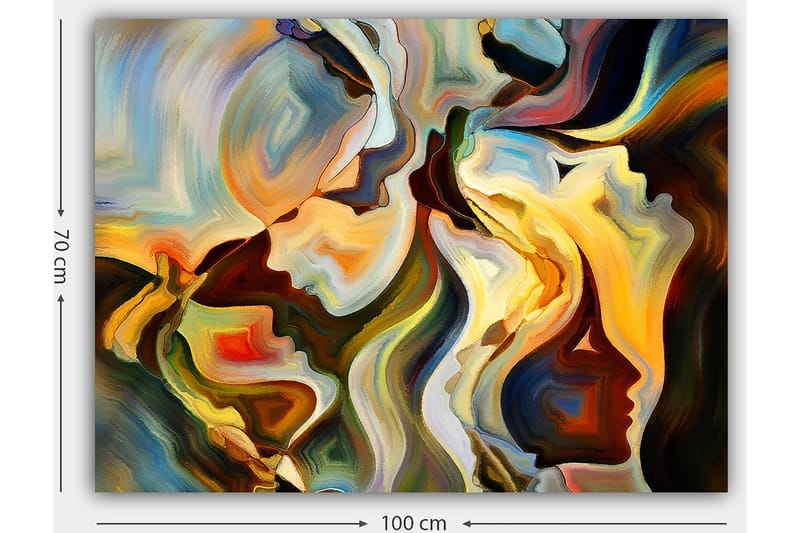 Lerretsbilde 70x100 cm - Abstrakt portrett av ansikter som smelter sammen til en dynamisk komposisjon - Gull / Mørkegrønn / Rød - Innredning - Bilder & kunst - Lerretsbilder