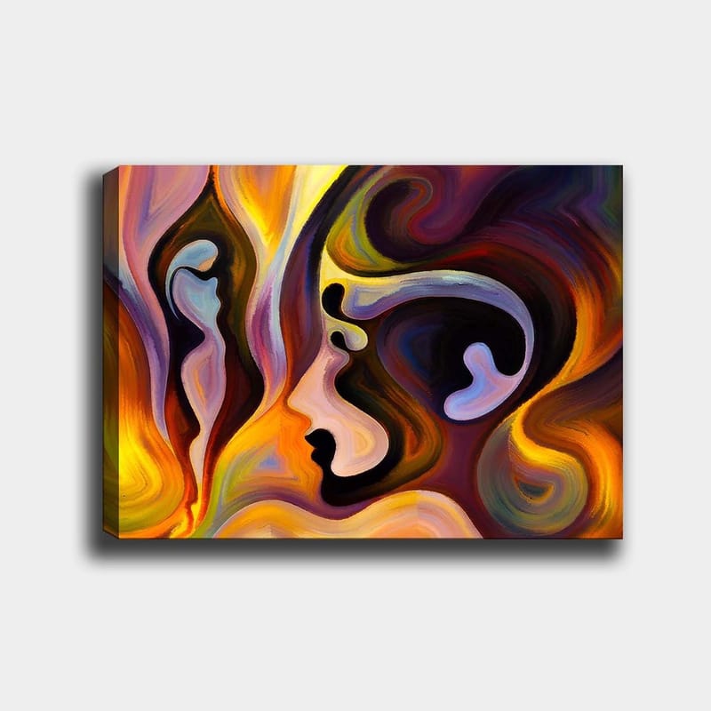 Lerretsbilde 70x100 cm - Abstrakt portrett med sammenslåtte ansiktsformer og farger som uttrykker følelser - Mørk lilla / Oransje / Lys blå - Innredning - Bilder & kunst - Lerretsbilder