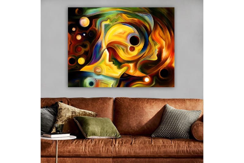 Lerretsbilde 70x100 cm - Abstrakt portrett av to ansikter forent i en fargerik komposisjon - Gull / Rød / Svart - Innredning - Bilder & kunst - Lerretsbilder