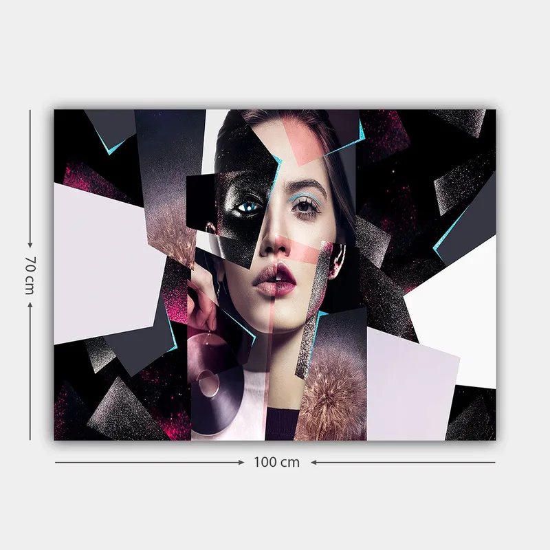 Lerretsbilde 70x100 cm - Abstrakt portrettkomposisjon av en kvinne med geometriske former og kontrastfarger - Svart / Hvit / Rosa - Innredning - Bilder & kunst - Lerretsbilder