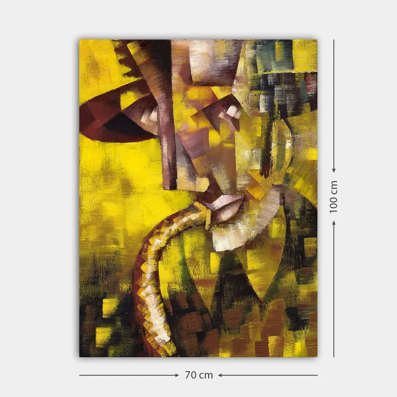 Lerretsbilde 70x100 cm - Abstrakt portrett av en musiker som spiller saksofon, med fokus på ansiktets og instrumentets former - Gul / Brun / Svart - Innredning - Bilder & kunst - Lerretsbilder