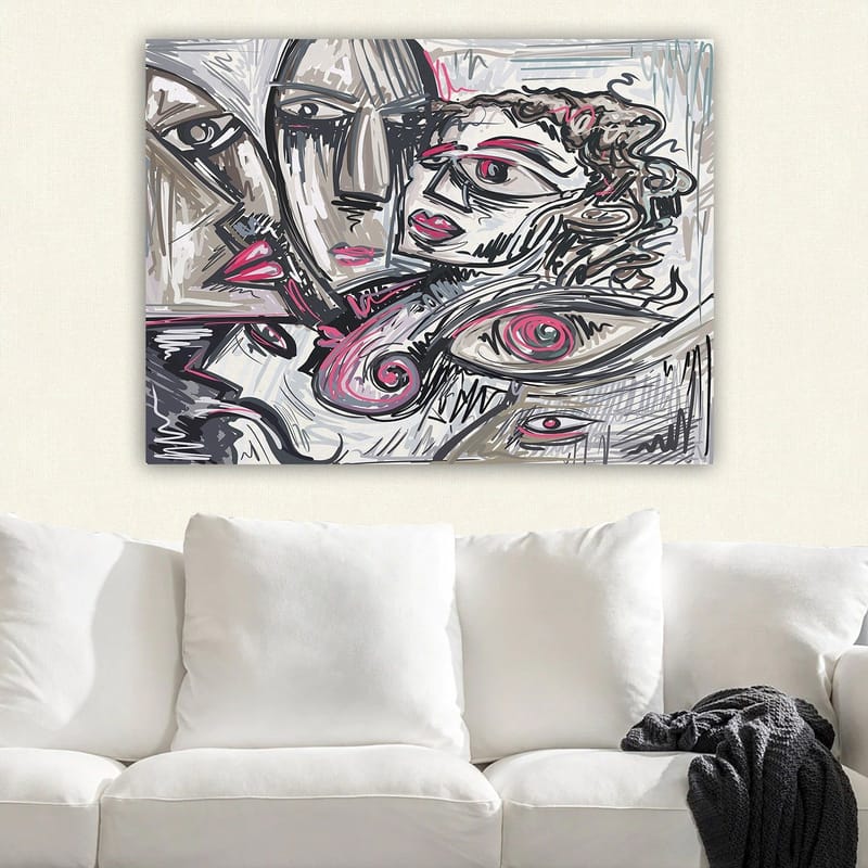 Lerretsbilde 70x100 cm - Abstrakt portrett av ansikter med følelsesmessige uttrykk - Grå / Rosa / Svart - Innredning - Bilder & kunst - Lerretsbilder