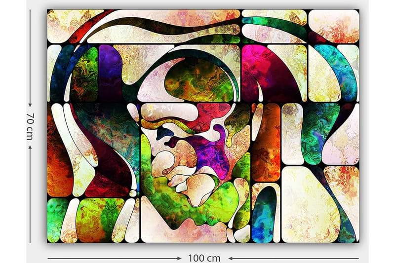 Lerretsbilde 70x100 cm - Abstrakt portrett med fargerike former og linjer - Grønn / Rød / Lilla - Innredning - Bilder & kunst - Lerretsbilder