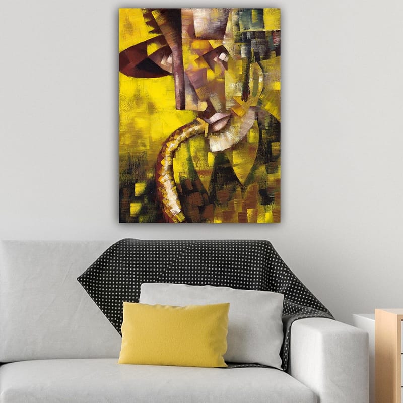 Lerretsbilde 70x100 cm - Abstrakt portrett av en musiker som spiller saksofon, med fokus på ansiktets og instrumentets former - Gul / Brun / Svart - Innredning - Bilder & kunst - Lerretsbilder