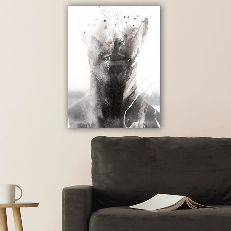 Lerretsbilde 70x100 cm - Abstrakt portrett av en mann med uskarpe og flytende linjer som skaper en drømmeaktig følelse - Svart / Grå / Hvit - Innredning - Bilder & kunst - Lerretsbilder