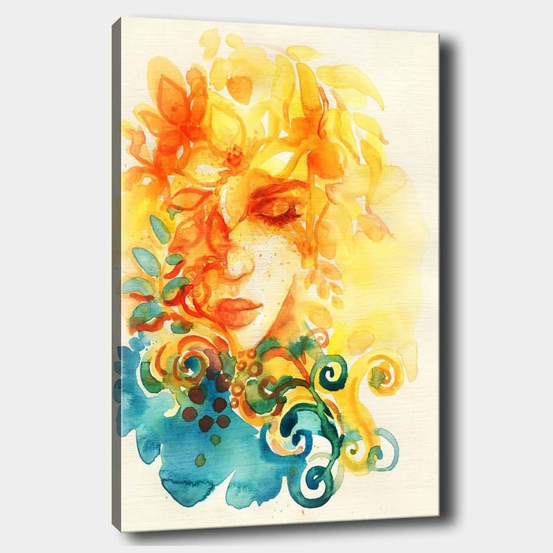 Lerretsbilde 70x100 cm - Abstrakt portrett av en kvinne med blomster og blader i gult og oransje, Gul / Oransje / Blå