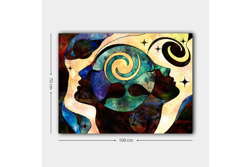 Lerretsbilde 70x100 cm - Abstrakt portrett av ansikter med spiralmotiver som symboliserer tanker og følelser - Mørk blå / Grønn / Brun - Innredning - Bilder & kunst - Lerretsbilder
