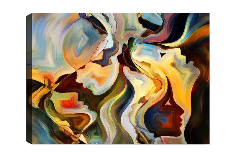 Lerretsbilde 70x100 cm - Abstrakt portrett av ansikter som smelter sammen til en dynamisk komposisjon, Gull / Mørkegrønn / Rød