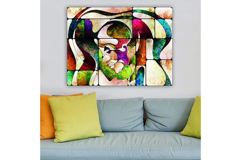 Lerretsbilde 70x100 cm - Abstrakt portrett med fargerike former og linjer - Grønn / Rød / Lilla - Innredning - Bilder & kunst - Lerretsbilder