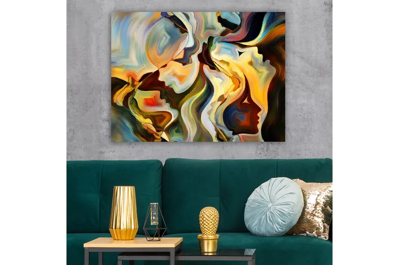 Lerretsbilde 70x100 cm - Abstrakt portrett av ansikter som smelter sammen til en dynamisk komposisjon - Gull / Mørkegrønn / Rød - Innredning - Bilder & kunst - Lerretsbilder