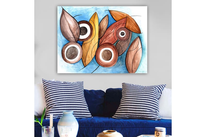 Lerretsbilde 70x100 cm - Abstrakte former av blader og sirkler i harmoniske farger - Brun / Beige / Hvit - Innredning - Bilder & kunst - Lerretsbilder