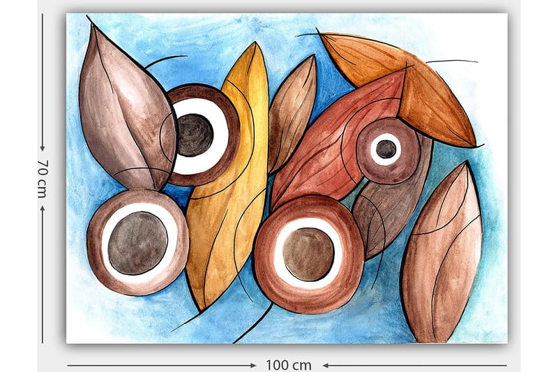 Lerretsbilde 70x100 cm - Abstrakte former av blader og sirkler i harmoniske farger - Brun / Beige / Hvit - Innredning - Bilder & kunst - Lerretsbilder