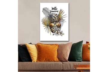 Lerretsbilde 70x100 cm - Ananas med solbriller omgitt av tropiske planter og blomster, med teksten Hello Summer - Gull / Grønn / Hvit - Innredning - Bilder & kunst - Lerretsbilder