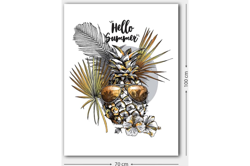 Lerretsbilde 70x100 cm - Ananas med solbriller omgitt av tropiske planter og blomster, med teksten Hello Summer - Gull / Grønn / Hvit - Innredning - Bilder & kunst - Lerretsbilder