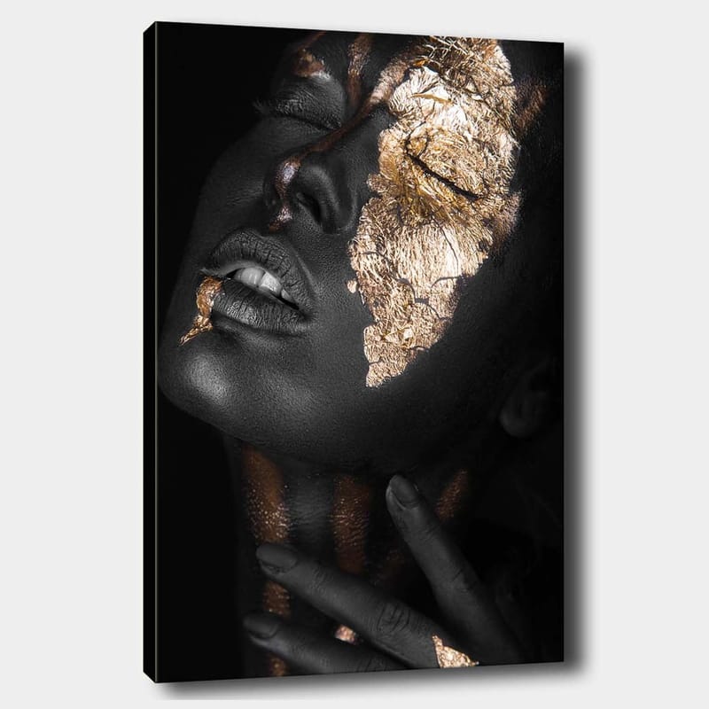 Lerretsbilde 70x100 cm - Ansiktsportrett med bladgull som fremhever ansiktets konturer og uttrykk, Svart / Gull
