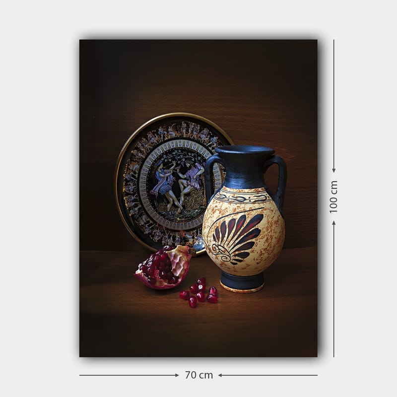 Lerretsbilde 70x100 cm - Antikk potte med dekorative mønstre og granateple som hovedmotiv - Svart / Beige / Rød - Innredning - Bilder & kunst - Lerretsbilder