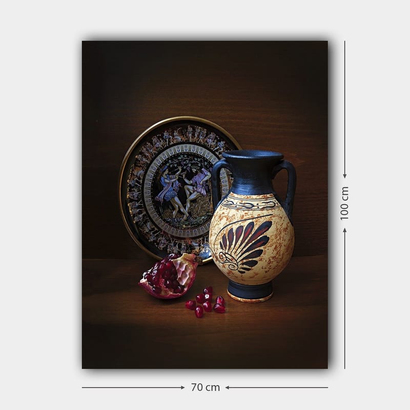 Lerretsbilde 70x100 cm - Antikk potte med dekorative mønstre og granateple som hovedmotiv - Svart / Beige / Rød - Innredning - Bilder & kunst - Lerretsbilder
