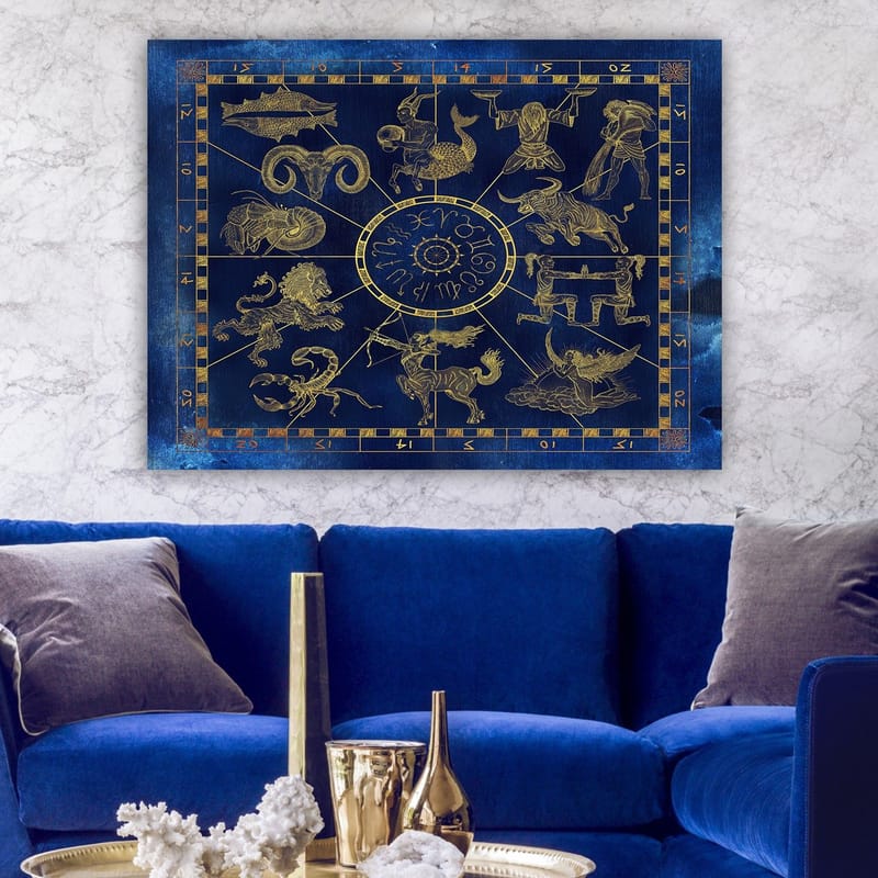 Lerretsbilde 70x100 cm - Astrologisk kart med de tolv stjernetegnene i gull mot en dyp blå bakgrunn - Dyp blå / Gull - Innredning - Bilder & kunst - Lerretsbilder
