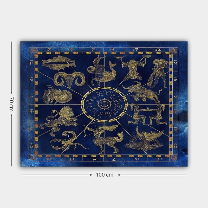 Lerretsbilde 70x100 cm - Astrologisk kart med de tolv stjernetegnene i gull mot en dyp blå bakgrunn - Dyp blå / Gull - Innredning - Bilder & kunst - Lerretsbilder