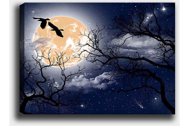 Lerretsbilde 70x100 cm - Atmosfærisk nattlandskap med en stor måne og silhuetter av trær og fugler som flyr over himmelen - Mørk blå / Svart / Lys gul - Innredning - Bilder & kunst - Lerretsbilder