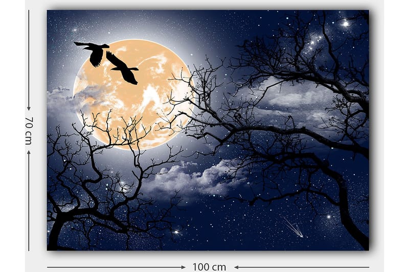 Lerretsbilde 70x100 cm - Atmosfærisk nattlandskap med en stor måne og silhuetter av trær og fugler som flyr over himmelen - Mørk blå / Svart / Lys gul - Innredning - Bilder & kunst - Lerretsbilder