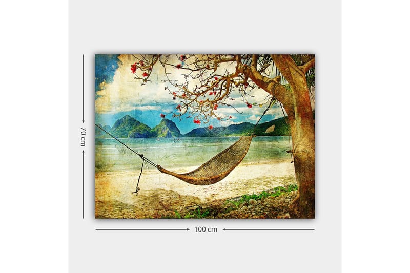 Lerretsbilde 70x100 cm - Avslappende hengekøye hengende mellom tregrener på en vakker strand med fjerne fjell i bakgrunnen - Grønn / Brun / Blå - Innredning - Bilder & kunst - Lerretsbilder
