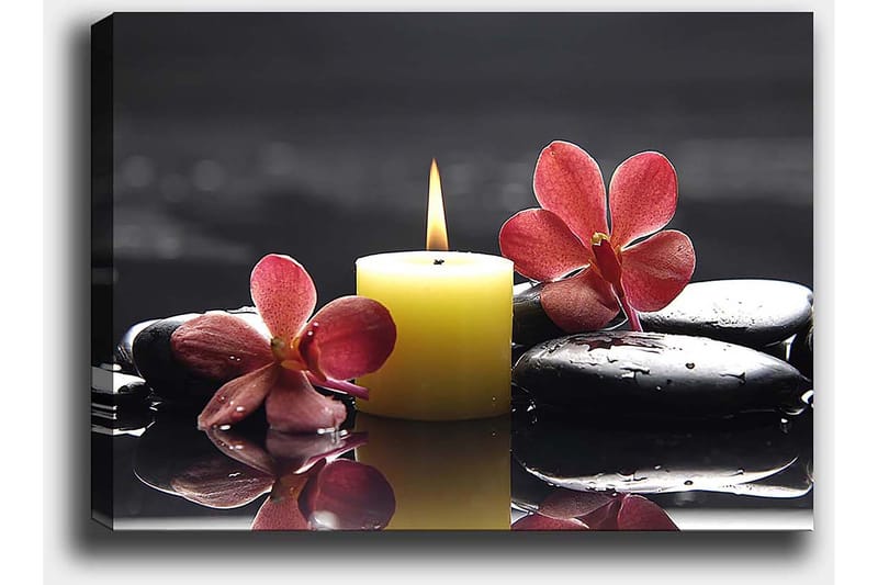 Lerretsbilde 70x100 cm - Avslappende komposisjon med en tent stearinlyslykt, svarte steiner og rosa blomster - Gul / Rosa / Svart - Innredning - Bilder & kunst - Lerretsbilder