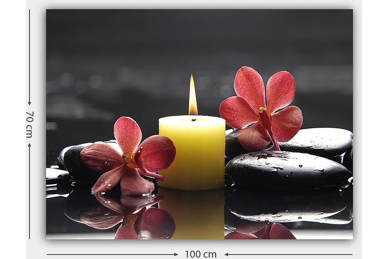 Lerretsbilde 70x100 cm - Avslappende komposisjon med en tent stearinlyslykt, svarte steiner og rosa blomster - Gul / Rosa / Svart - Innredning - Bilder & kunst - Lerretsbilder