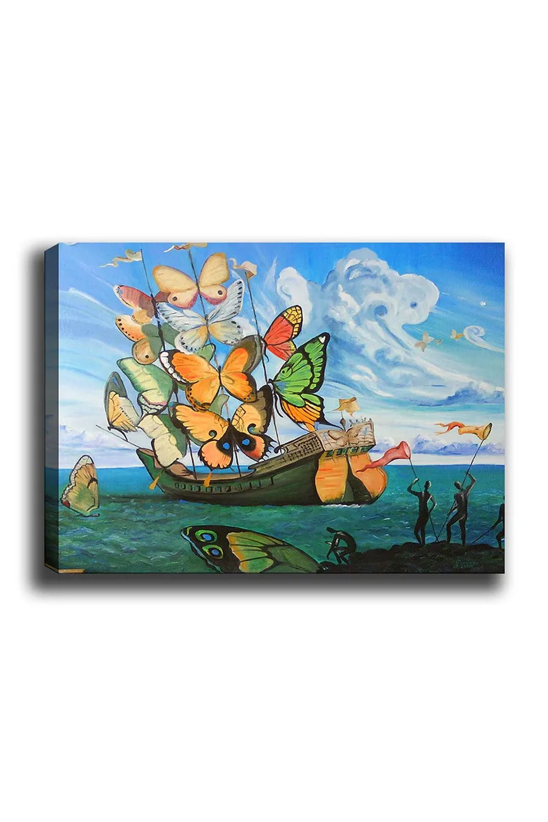 Lerretsbilde 70x100 cm - Båt fylt med fargerike sommerfugler som flyter over havet, Oransje / Grønn / Blå