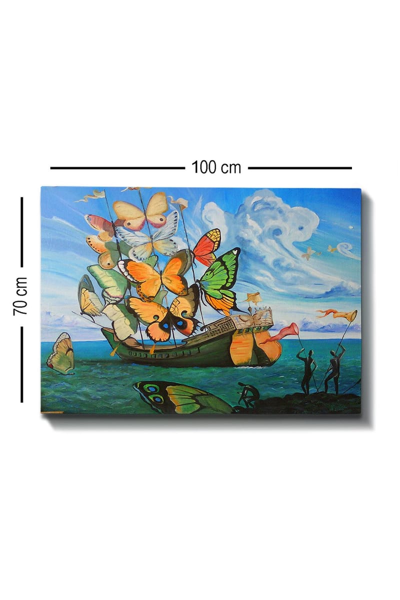 Lerretsbilde 70x100 cm - Båt fylt med fargerike sommerfugler som flyter over havet - Oransje / Grønn / Blå - Innredning - Bilder & kunst - Lerretsbilder