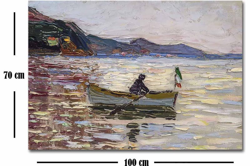 Lerretsbilde 70x100 cm - Båt med to personer som fisker på en glitrende innsjø under en lys himmel - Blå / Grønn / Beige - Innredning - Bilder & kunst - Lerretsbilder