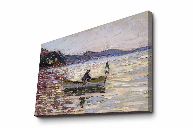 Lerretsbilde 70x100 cm - Båt med to personer som fisker på en glitrende innsjø under en lys himmel, Blå / Grønn / Beige