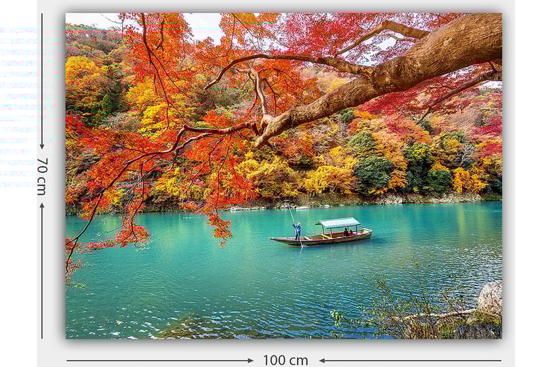 Lerretsbilde 70x100 cm - Båt som glir langs en turkis innsjø omgitt av fargerike høstblader - Rød / Gul / Turkis - Innredning - Bilder & kunst - Lerretsbilder