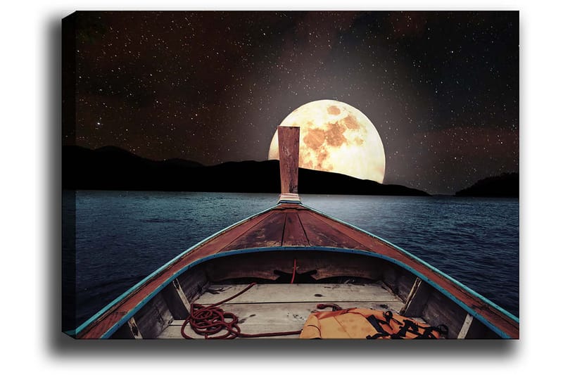 Lerretsbilde 70x100 cm - Båt som seiler mot en stor, lysende måne på nattehimmelen - Mørk blå / Brun / Gull - Innredning - Bilder & kunst - Lerretsbilder