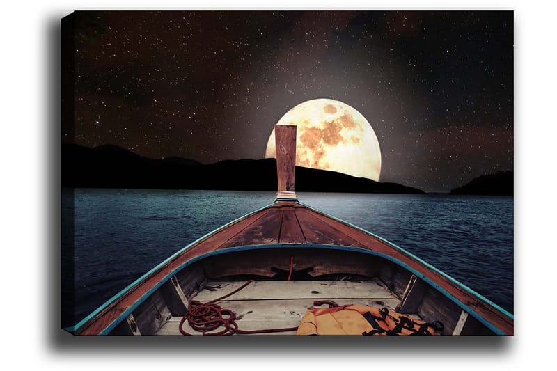 Lerretsbilde 70x100 cm - Båt som seiler mot en stor, lysende måne på nattehimmelen - Mørk blå / Brun / Gull - Innredning - Bilder & kunst - Lerretsbilder