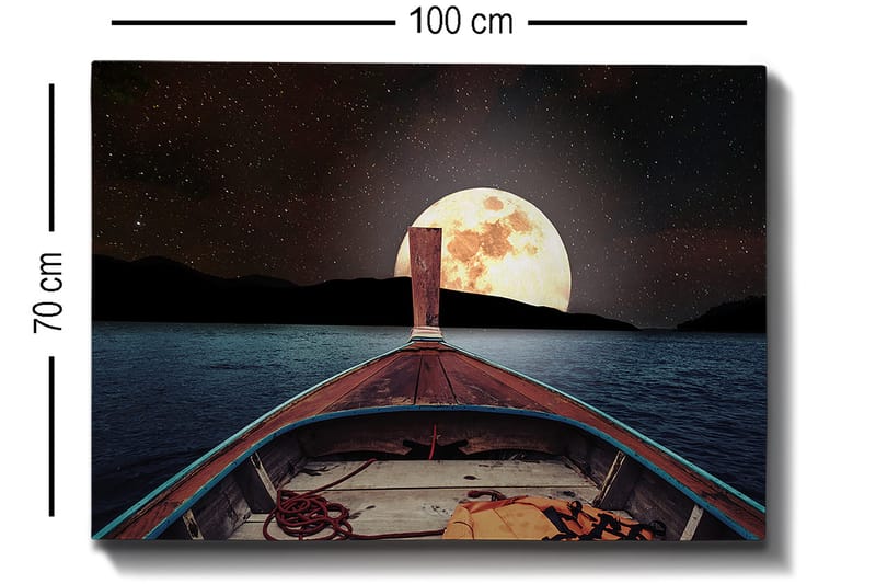 Lerretsbilde 70x100 cm - Båt som seiler mot en stor, lysende måne på nattehimmelen - Mørk blå / Brun / Gull - Innredning - Bilder & kunst - Lerretsbilder