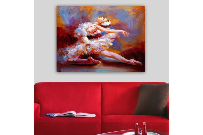 Lerretsbilde 70x100 cm - Ballettdanser i en elegant positur, omgitt av fargerike penselstrøk som fanger bevegelse og ynde, Hvit / Rød / Lilla