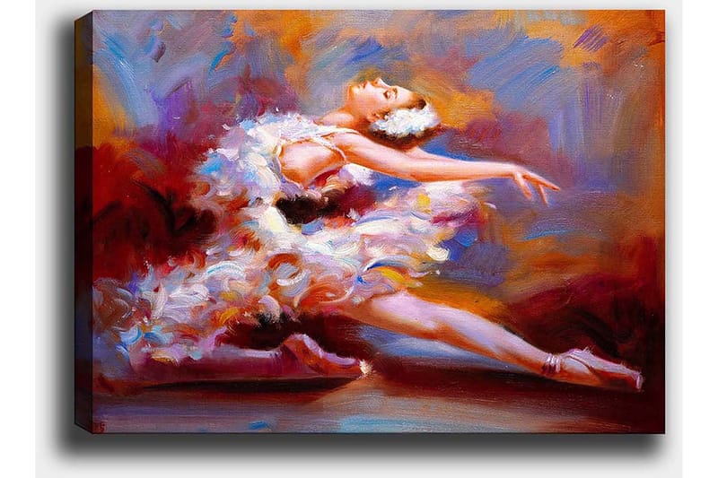 Lerretsbilde 70x100 cm - Ballettdanser i en elegant positur, omgitt av fargerike penselstrøk som fanger bevegelse og ynde - Hvit / Rød / Lilla - Innredning - Bilder & kunst - Lerretsbilder