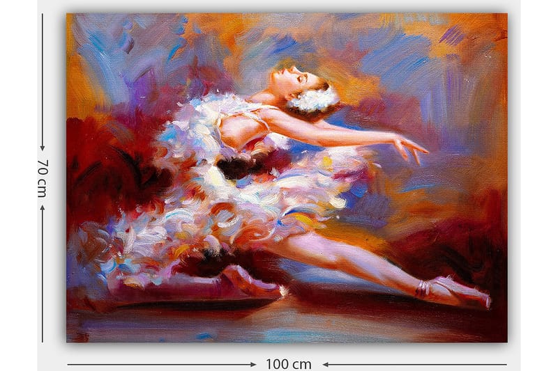 Lerretsbilde 70x100 cm - Ballettdanser i en elegant positur, omgitt av fargerike penselstrøk som fanger bevegelse og ynde - Hvit / Rød / Lilla - Innredning - Bilder & kunst - Lerretsbilder