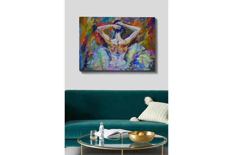 Lerretsbilde 70x100 cm - Ballettdanser sett bakfra med oppsatt hår og en elegant kjole i sterke farger - Hvit / Lys blå / Oransje - Innredning - Bilder & kunst - Lerretsbilder