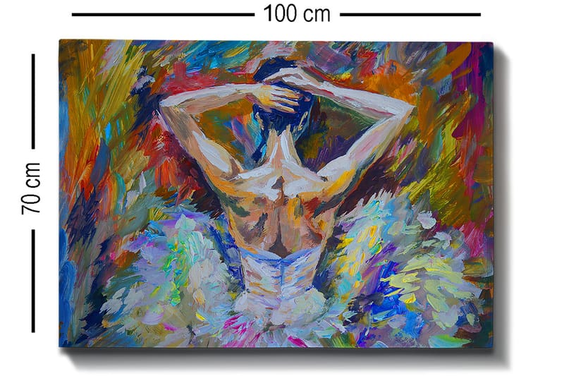 Lerretsbilde 70x100 cm - Ballettdanser sett bakfra med oppsatt hår og en elegant kjole i sterke farger - Hvit / Lys blå / Oransje - Innredning - Bilder & kunst - Lerretsbilder