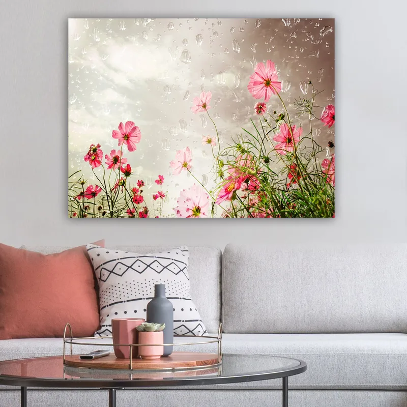 Lerretsbilde 70x100 cm - Blomster i forskjellige nyanser av rosa som vokser mot en dempet bakgrunn - Rosa / Grønn - Innredning - Bilder & kunst - Lerretsbilder