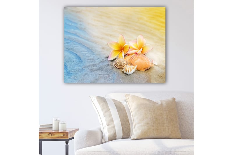 Lerretsbilde 70x100 cm - Blomster og skjell på en strand med myk sand og sjøfarger, Blå / Gul / Rosa