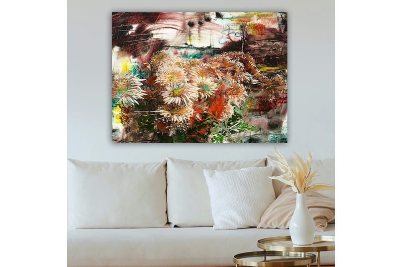 Lerretsbilde 70x100 cm - Blomsterbukett i forskjellige nyanser av rosa og oransje - Rosa / Oransje / Grønn - Innredning - Bilder & kunst - Lerretsbilder