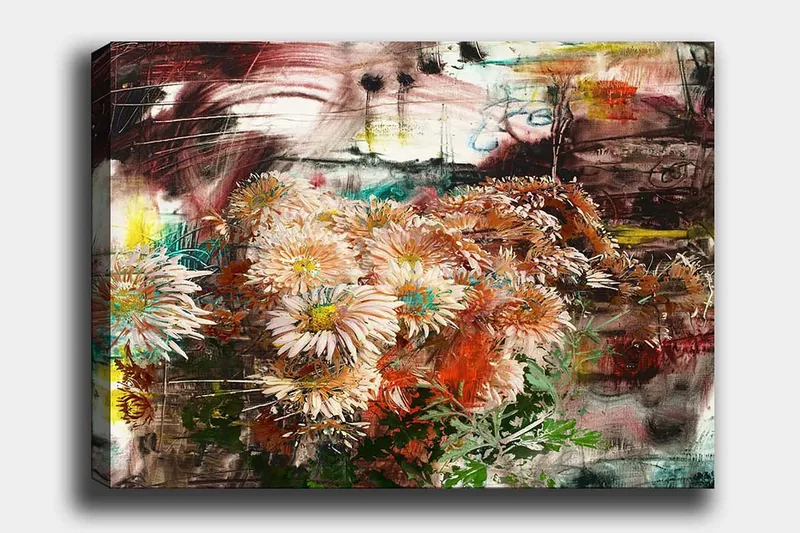 Lerretsbilde 70x100 cm - Blomsterbukett i forskjellige nyanser av rosa og oransje, Rosa / Oransje / Grønn