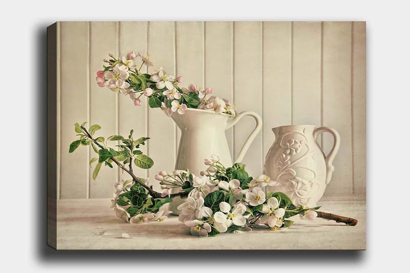 Lerretsbilde 70x100 cm - Blomsteroppsats med hvite mugger og grener i en rolig komposisjon, Hvit / Lys rosa / Grønn